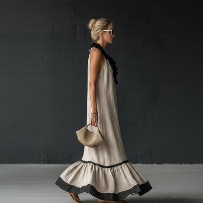 RUFFLED V-NECK MAXI DRESS