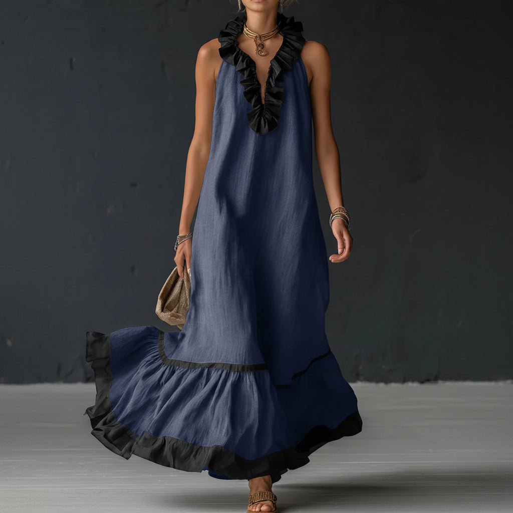 RUFFLED V-NECK MAXI DRESS