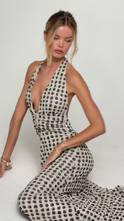 Women's backless polka dot maxi dress