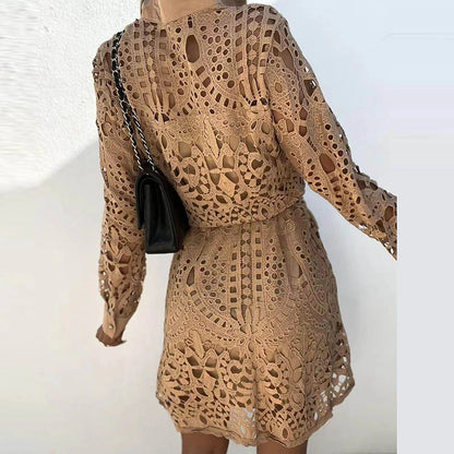 Short Lace Shirt Dress with Long Sleeves