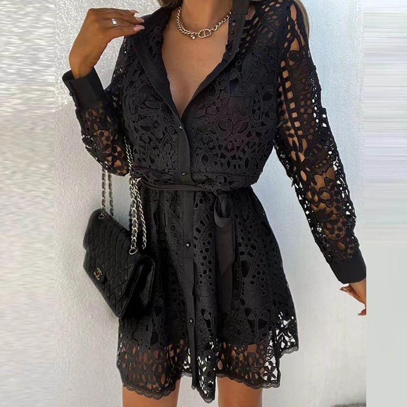 Short Lace Shirt Dress with Long Sleeves