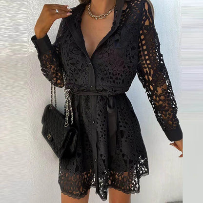 Short Lace Shirt Dress with Long Sleeves