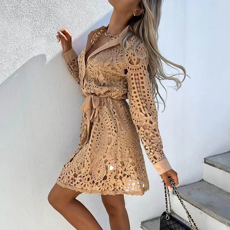 Short Lace Shirt Dress with Long Sleeves
