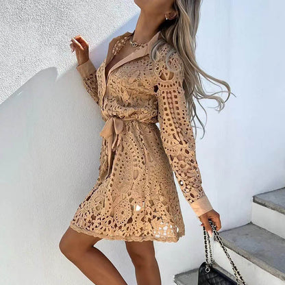 Short Lace Shirt Dress with Long Sleeves