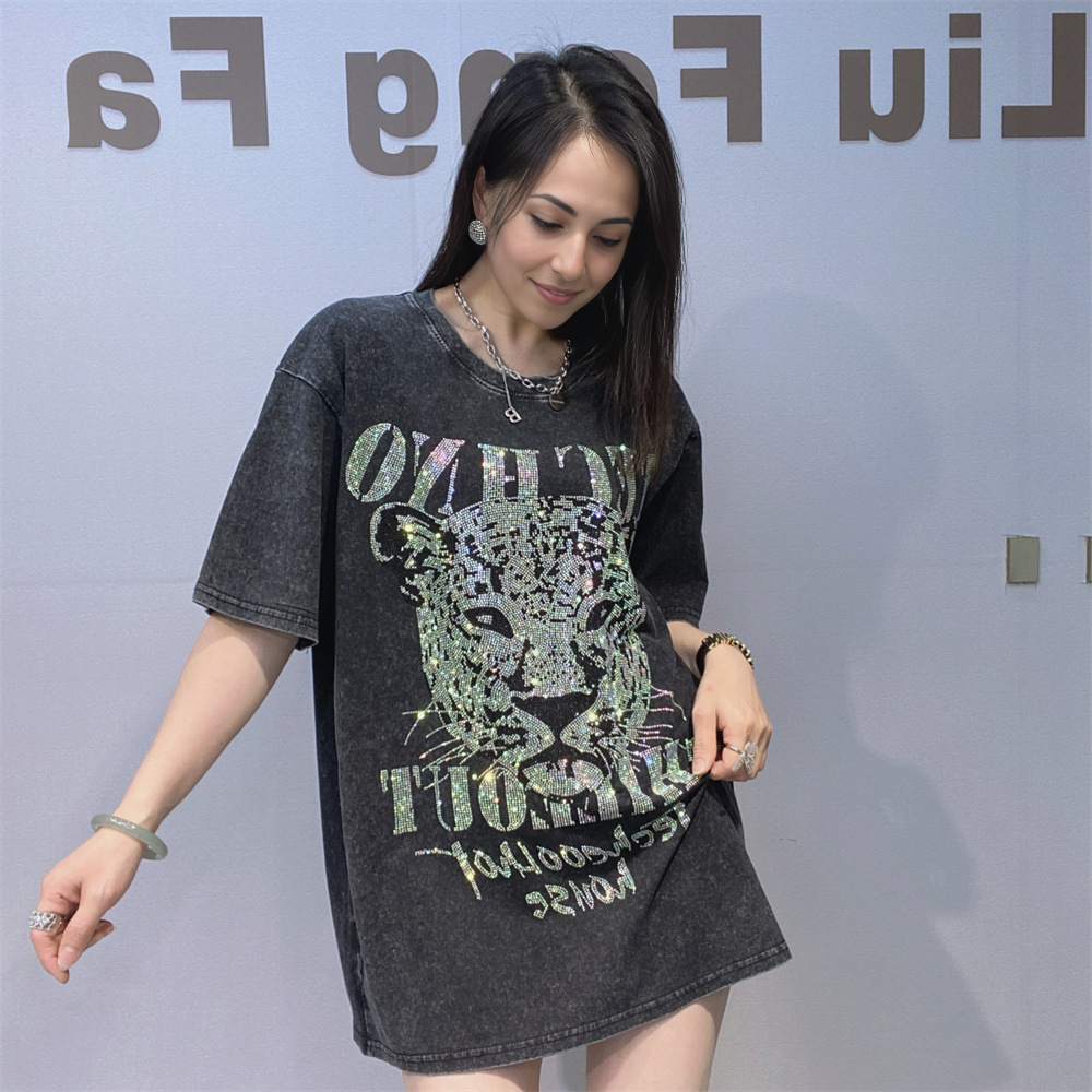 Tiger Head Rhinestone Loose T-Shirt - MATCHING MASTER