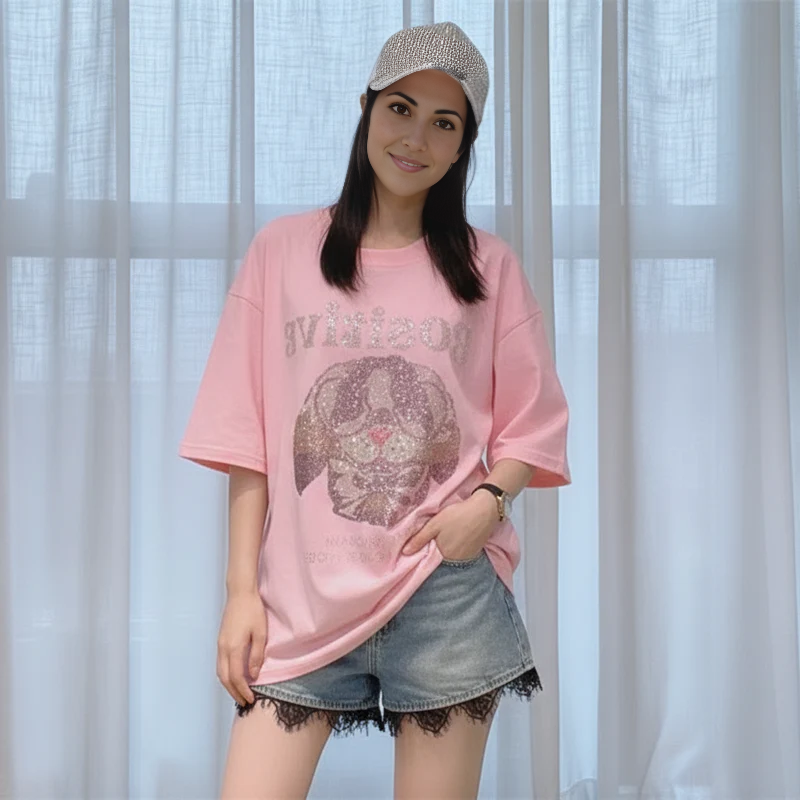 Elegant Rhinestone Dog Graphic Oversized Tee - MATCHING MASTER