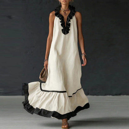 RUFFLED V-NECK MAXI DRESS